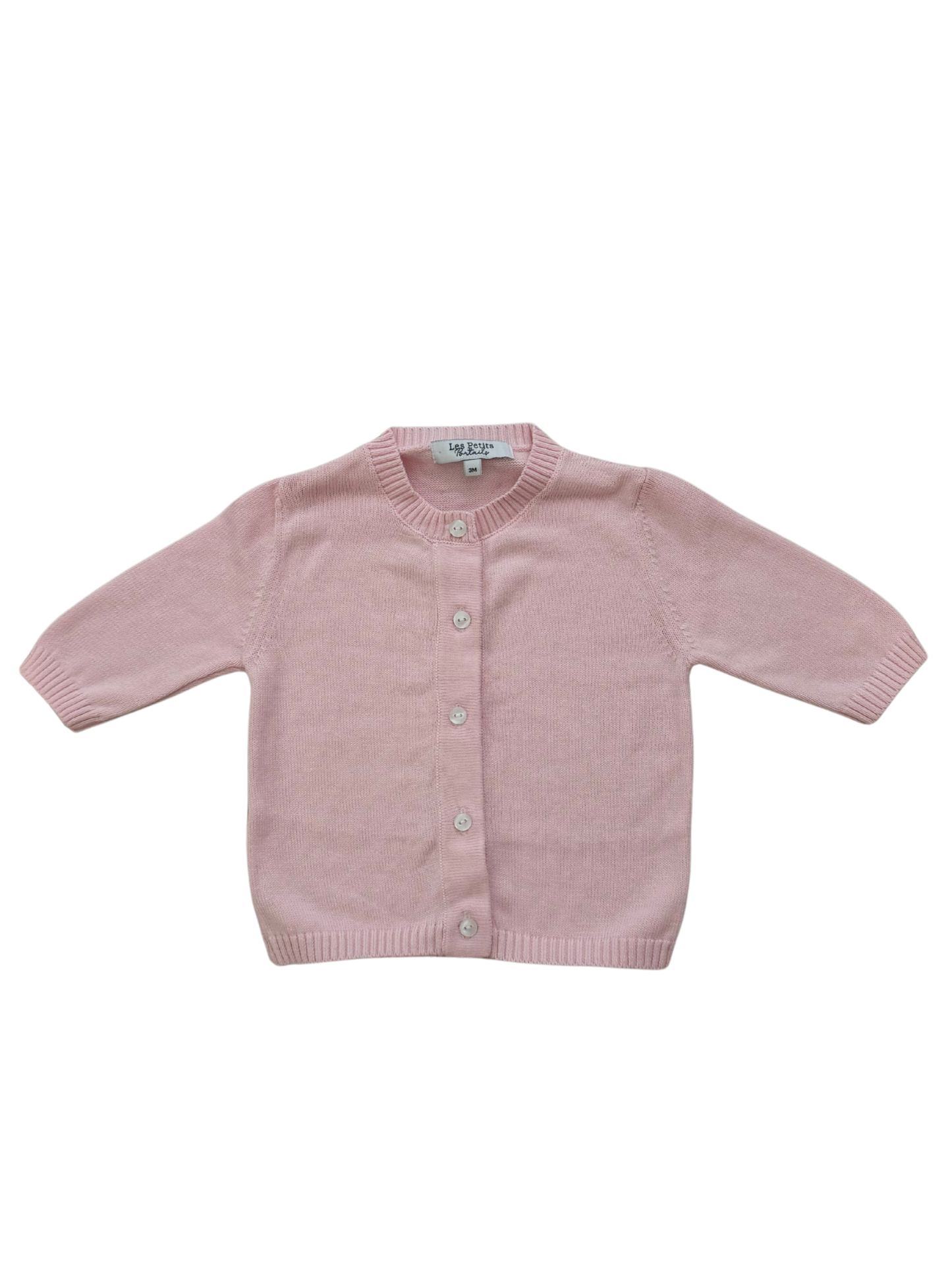 A light pink knit cardigan sweater for toddlers, featuring long sleeves, a round neckline, and a button-up front, displayed flat against a solid white background.