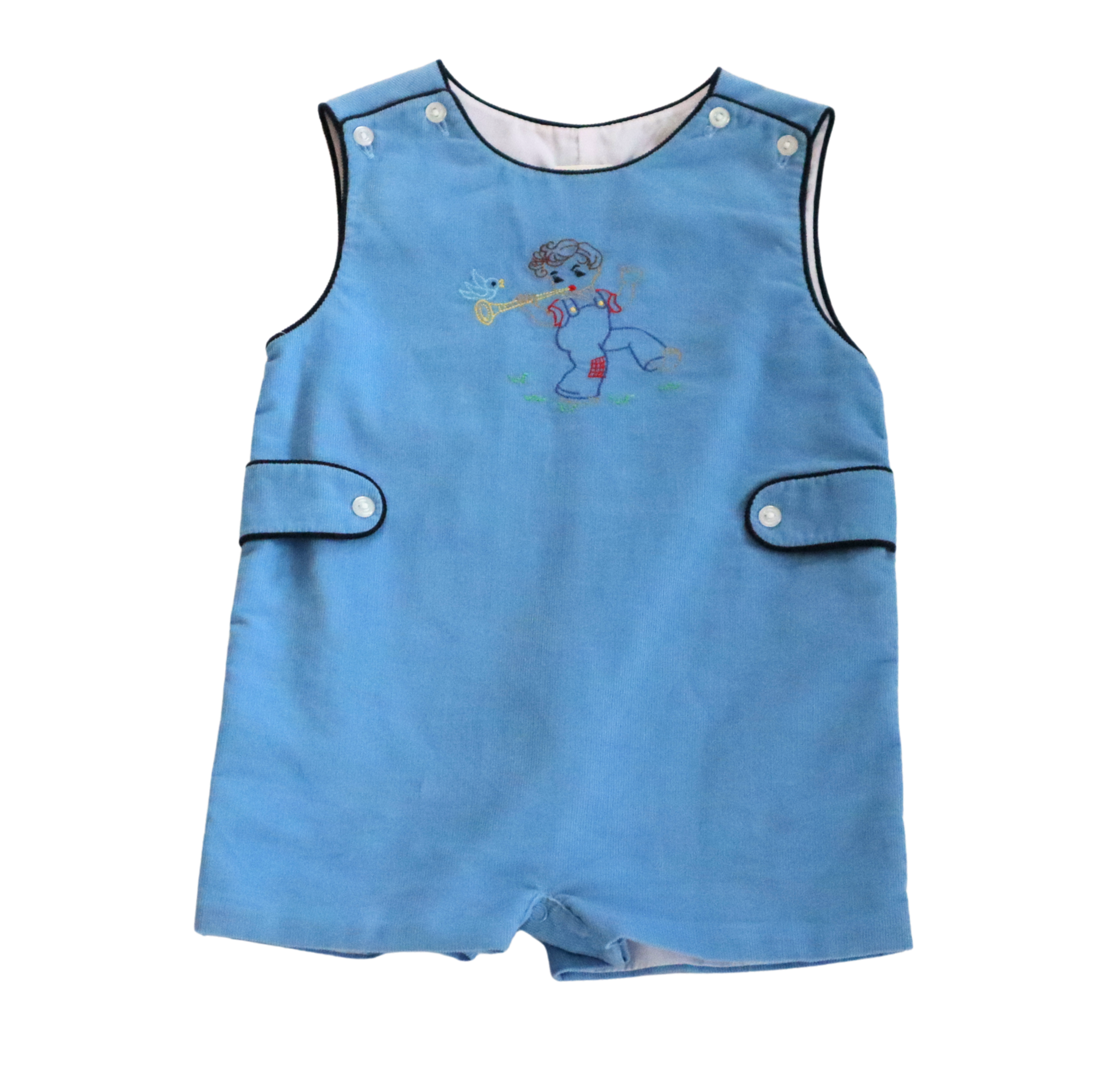 Blue children's romper with cartoon design on a white background