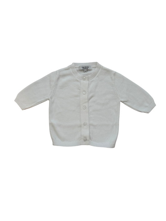 A white long-sleeve knit cardigan sweater for toddlers, featuring a button-up front and ribbed collar, cuffs, and hem, laid flat against a white background.