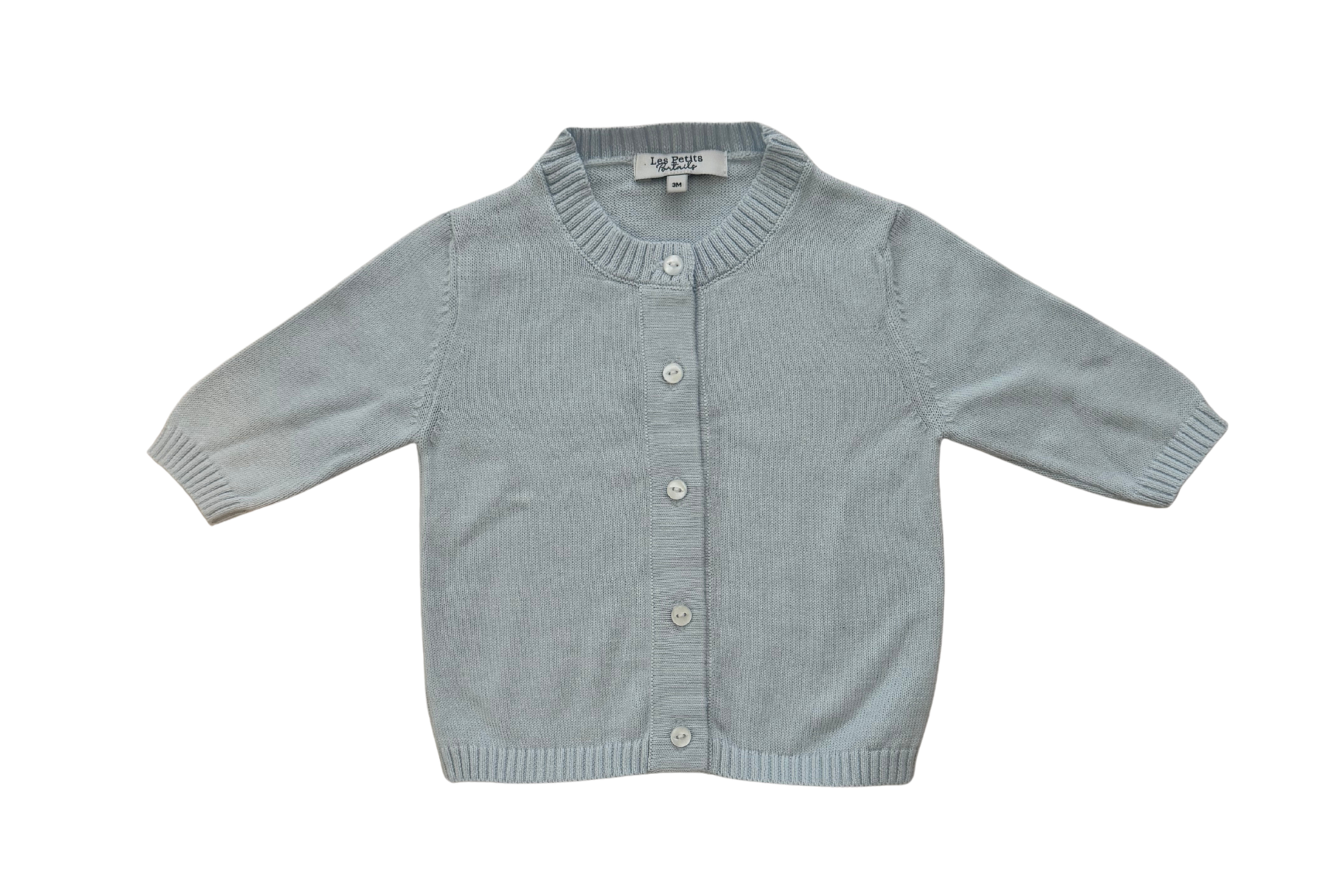 A light blue knit cardigan sweater for toddlers, featuring a button-up front, ribbed collar, cuffs, and hem, laid flat against a white background.