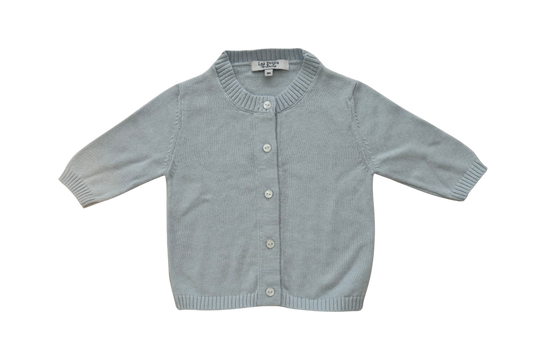 A light blue knit cardigan sweater for toddlers, featuring a button-up front, ribbed collar, cuffs, and hem, laid flat against a white background.